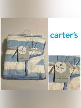 🆕CARTER’S - NWT - 40”X30” - INFANT BOYS BLUE WHITE STRIPE COZY SHERPA BLANKET